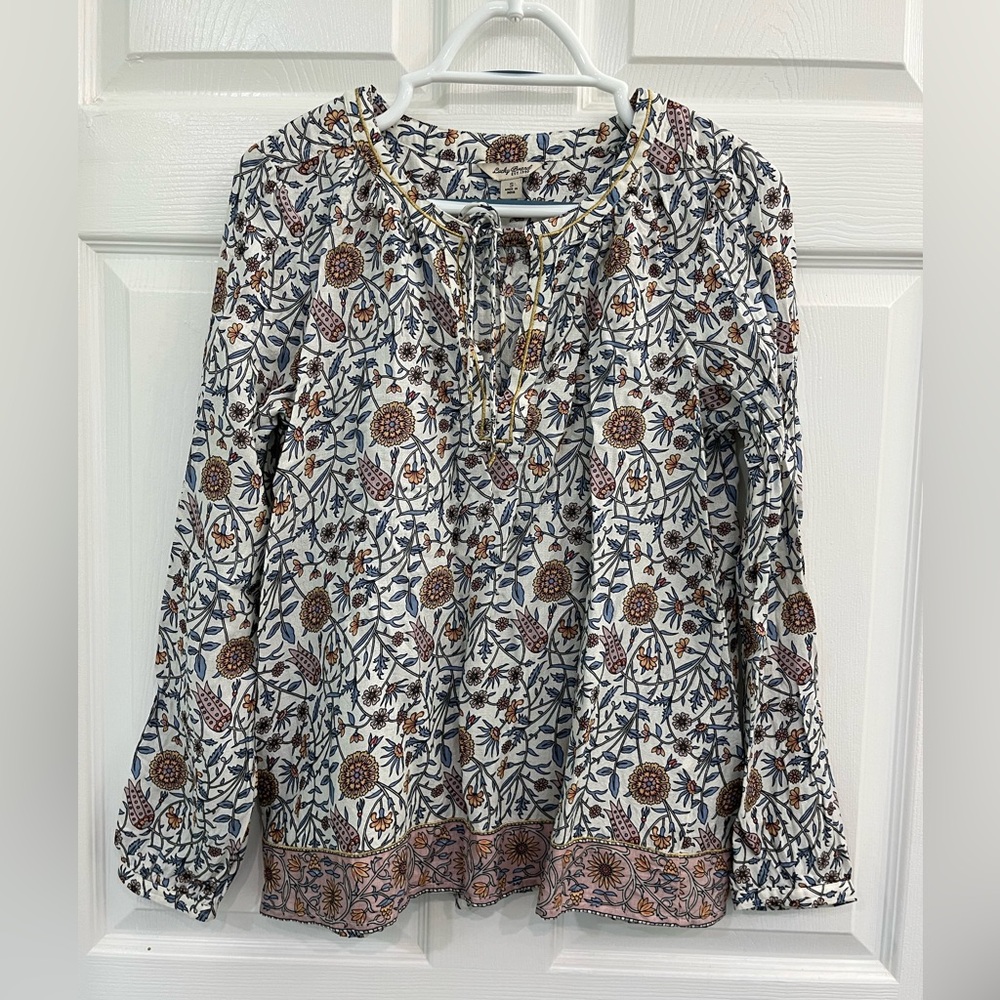 Lucky Brand Cream Floral Long Sleeve Tie V-Neck Women's Blouse Shirt Top Boho